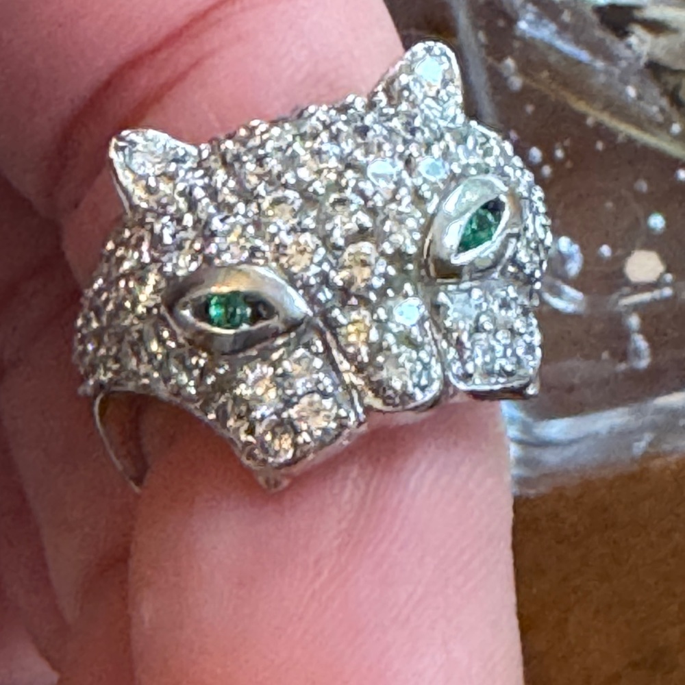 Sonia B 925 CZ Silver Panther Ring with Green Eyes Size 9